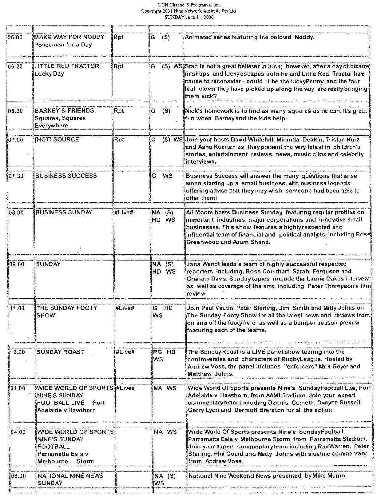 TCN Channel 9 Program Guide · 11 June 2006